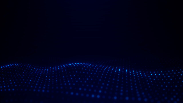 Blue digital dot grid glows across the bottom of a dark background with large copy space, ideal for AI, data, technology and presentation design.
