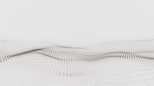 Black dotted wave moves across a clean white background, creating a minimal abstract motion backdrop for science, technology, data and modern design.