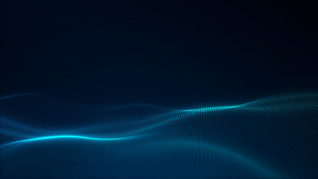 Cyan blue particle wave flows across a dark digital surface with open copy space, creating a futuristic background for AI, data and technology projects.