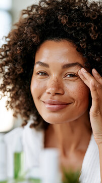 Mature woman smiling while gently touching fine lines around her eyes, natural authentic skin texture and freckles for beauty and skincare content.