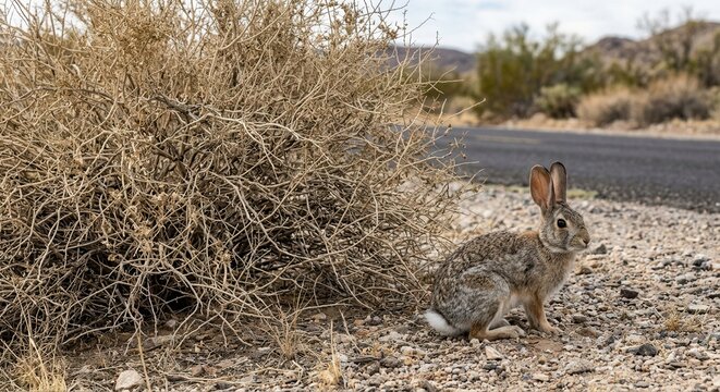 Wild desert cottontail rabbit sitting by dry bush near rural asphalt road, alert brown hare in arid natural wilderness habitat.