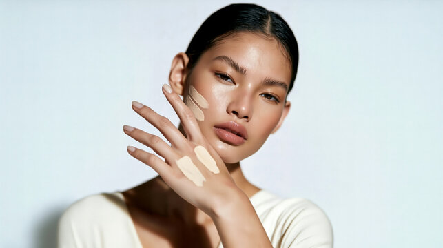 Woman comparing foundation shade swatches on her hand against her face, illustrating skin tone matching for makeup and cosmetic beauty concepts.