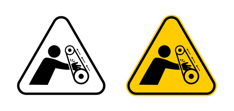 Entanglement hazard warning sign icons with person and rotating machinery symbol. Safety sign for machinery hazards, entanglement risk ,accident prevention and workplace safety