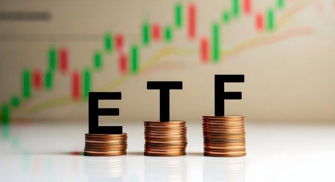 ETF investment concept. Letters E, T, F stand on coin stacks with stock chart background. For financial market analysis and trading.