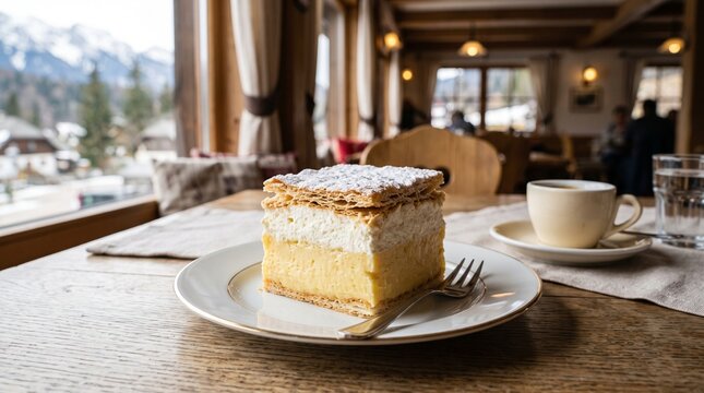 Classic cream slice featuring layers of vanilla custard and whipped cream between flaky pastry.