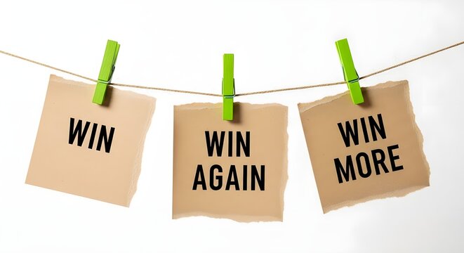 Win again and win more motivational message on paper notes. Brown craft cards hanging on rope with green clothespins. Inspirational business concept photo for success and goal achievement.