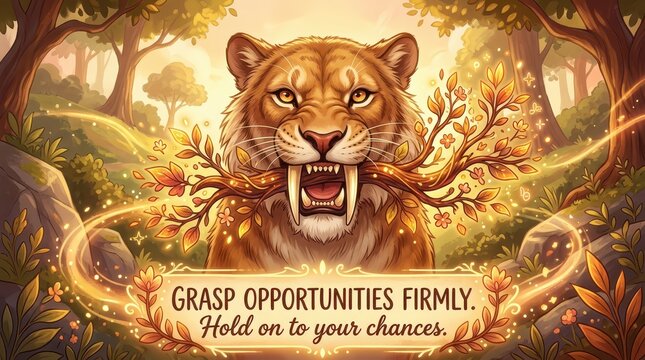 Majestic Saber-Toothed Cat Grasping Branch with "Grasp Opportunities Firmly" Text in Enchanted Forest Setting
