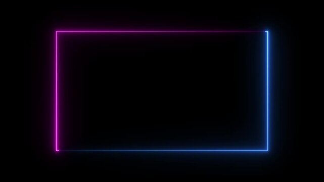 Square rectangle picture frame with two tone neon color motion graphic on isolated black background. Blue and pink light moveing for overlay element.4k motion video..