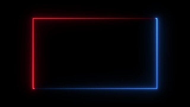Square rectangle picture frame with two tone neon color motion graphic on isolated black background. Blue and pink light moveing for overlay element.4k motion video..