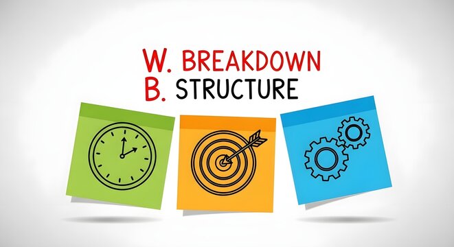 Work Breakdown Structure concept illustrated with sticky notes showing clock, target, and gears icons on a clean white background.