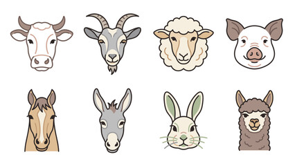Fototapeta premium Domestic Farm Animal Head Icons Collection with Editable Thin Line Vector Illustrations