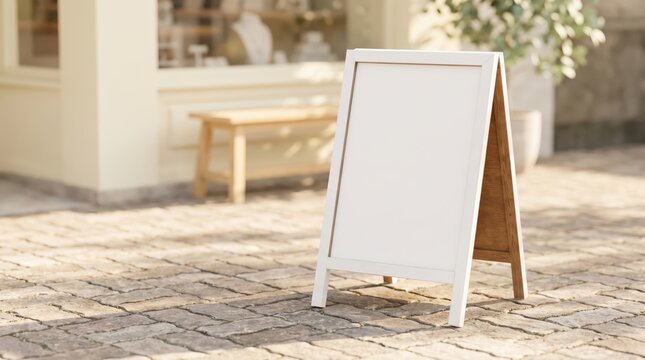 Blank wooden sidewalk chalkboard pavement A frame sign board mockup outside a store
