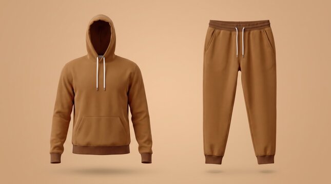 Brown hoodie and sweatpants tracksuit sportswear mockup set isolated on background