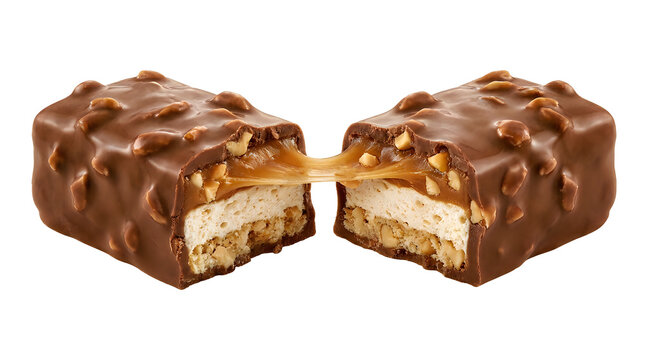 Broken chocolate candy bar with caramel and nuts filling isolated on transparent background