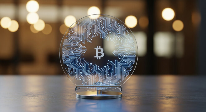 A glowing glass cryptocurrency token rests on a dark surface while warm bokeh lights illuminate the corporate interior setting, symbolizing future financial trends and global commerce