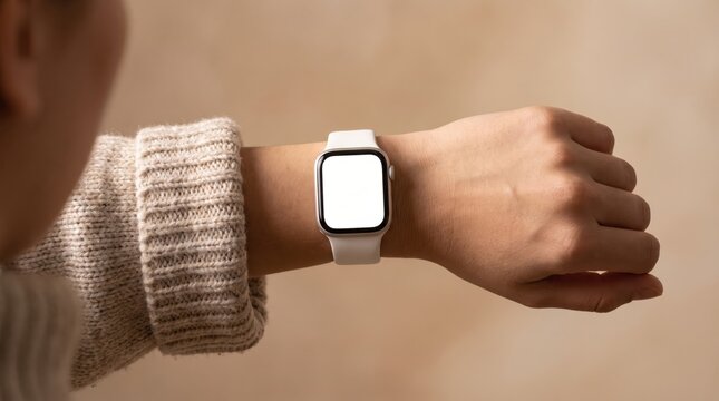 Person wearing smartwatch with blank white screen mockup and knit sweater