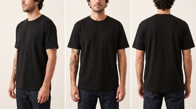 Plain black t-shirt mockup on male model front, side and back view for apparel branding