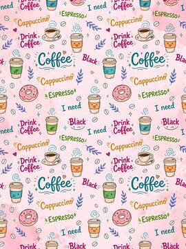 Seamless Cute Coffee Shop Doodle Pattern with Hand Lettering on Pastel Pink Background