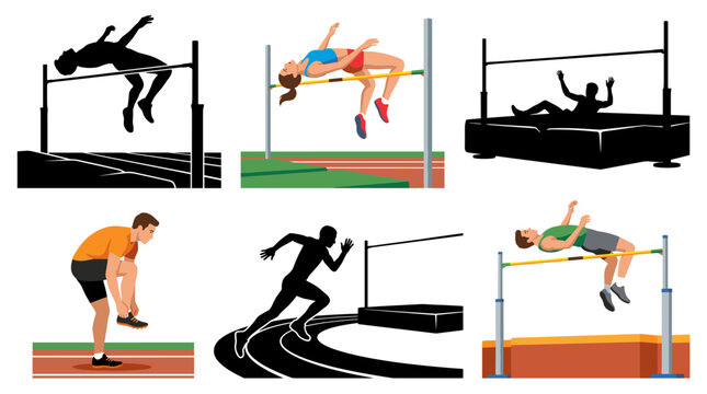 Professional vector collection featuring different styles of high jump athletes and competition action scenes, including approach running, takeoff, Fosbury Flop, airborne jumping, bar clearance