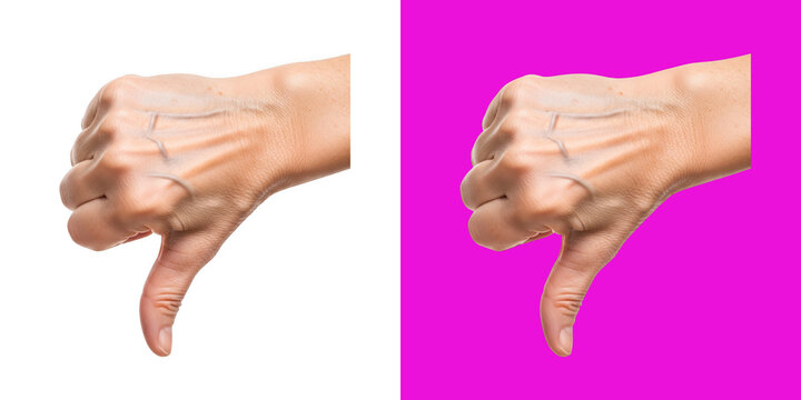 Human hand showing a thumbs down gesture against white and bright pink backgrounds transparent png