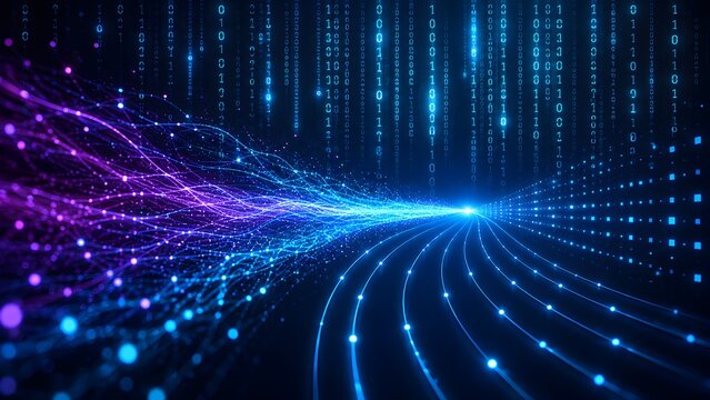 Abstract digital data flow with binary code matrix and glowing purple light trails representing high speed network transmission