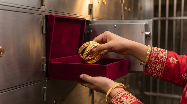 Hands storing traditional gold bangles in bank locker, gold loan collateral and generational wealth security in india