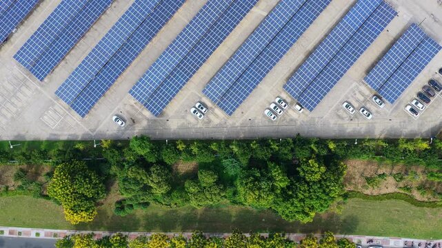 Overhead lateral view of solar carports and parked cars