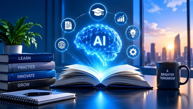 Glowing digital artificial intelligence brain emerging from an open book with educational icons, stacked learning materials, and modern city background