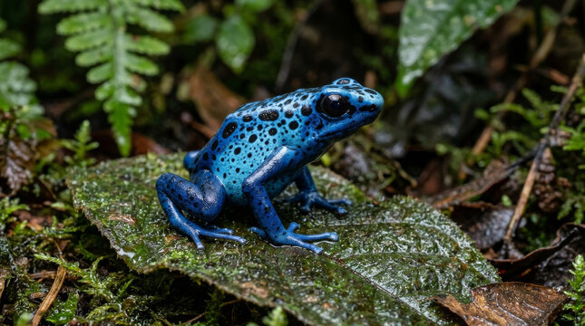 Blue poison dart frog on a leaf. Macro portrait of a vibrant tropical amphibian in nature.