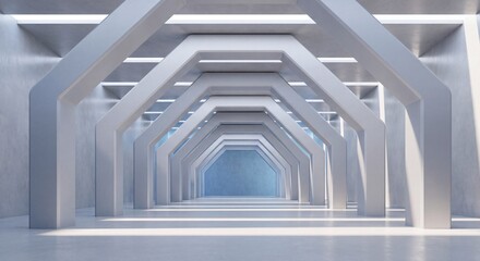 Fototapeta premium Modern abstract architectural corridor with geometric arches and bright perspective view