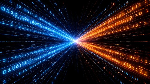 Quantum computing data tunnel of binary numbers rushing toward a central core representing hyperspace digital convergence