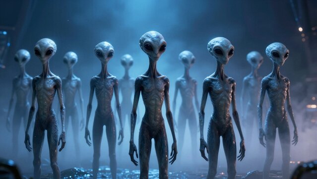A group of grey aliens stands motionless under glowing blue lights, their large black eyes reflecting an eerie calmness in a misty sci-fi environment.