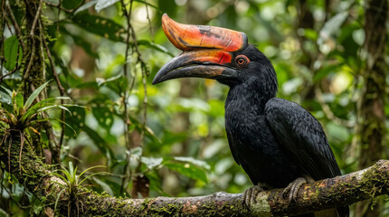 Obraz premium Rhinoceros hornbill perched in jungle. Exotic tropical bird in natural rainforest habitat.