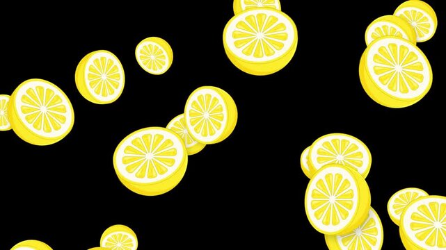 Animated Lemon Slices Falling Downwards Against a Solid Black Background