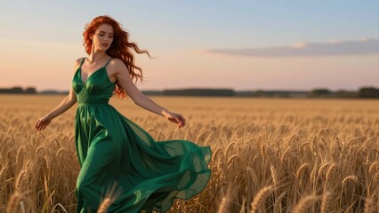 Obraz premium A graceful woman with flowing red hair and a vibrant green gown moves through a vast wheat field under warm evening light.