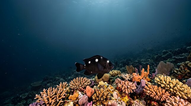 A solitary dark fish swimming over a vibrant coral reef in deep ocean waters.