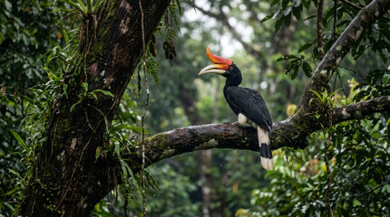Fototapeta premium Rhinoceros hornbill perched on a tree branch. Exotic tropical bird in natural rainforest.