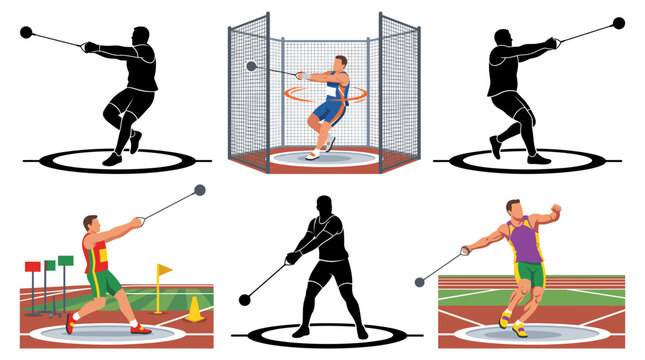 Professional vector collection featuring different styles of hammer throw athletes and competition action scenes, including rotational movements, spinning, hammer swinging, release positions