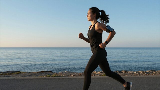 A determined runner moves steadily beside calm ocean waters under clear morning sky, embodying health and freedom.