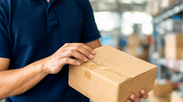 Person in blue polo shirt holding a brown cardboard delivery box in a warehouse setting, ready for shipping.