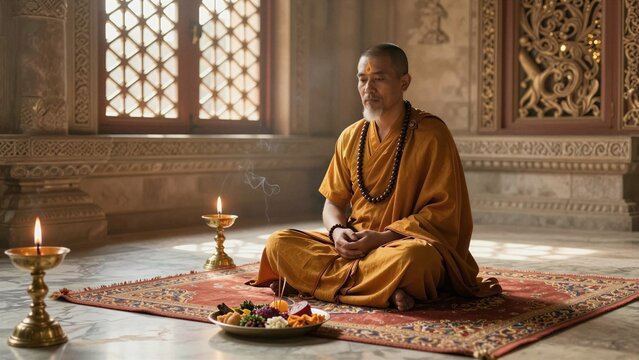 A serene portrait of Swami Samarth seated in meditation within an ornate temple, surrounded by lit candles and offerings.