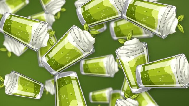 Animated Falling Green Matcha Smoothies with Whipped Cream on Green Background
