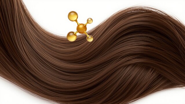 Golden molecular structure nestled within flowing brown hair strands, symbolizing advanced science for scalp and strand nourishment.