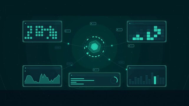Futuristic HUD interface with glowing panels, readouts and graphs on a deep dark background, overlaid with a circle expand transition effect in cyan and teal tones. Seamless looping 4K motion graphics