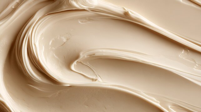 Smooth cream texture spreading across a beige background, creating luxurious waves and soft swirls, highlighting cosmetic, lotion, and skincare product concepts with rich consistency