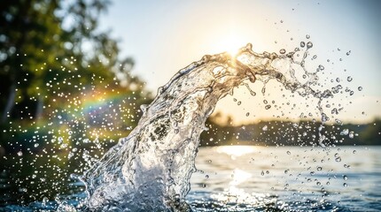 Obraz premium Dynamic Water Splash Against Golden Sunset Sunlight With Rainbow Lens Flare