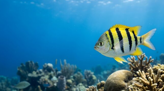 Sergeant Major Fish Swimming Over Tropical Coral Reef.