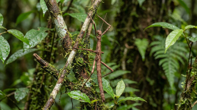 Stick insect camouflaged on a jungle branch. Phasmid blending into tropical rainforest foliage.