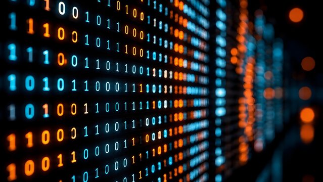 Glowing binary code matrix background symbolizing software development programming logic and digital data processing