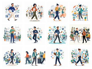 Fototapeta premium Business Professionals Working In Modern Office Environment Vector Set
